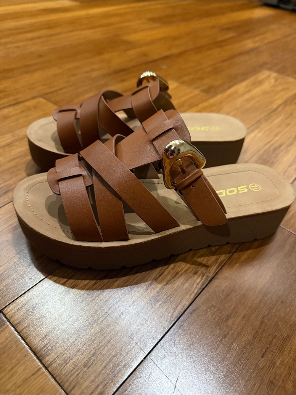Soda Brown Strappy Platform Slide Sandals with Gold Buckle